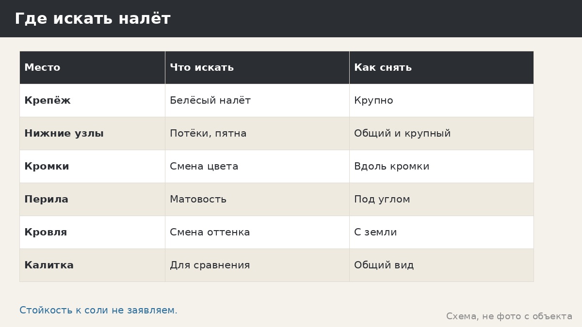Морской бриз и соль на металле: что мы не заявляем и что стоит записать