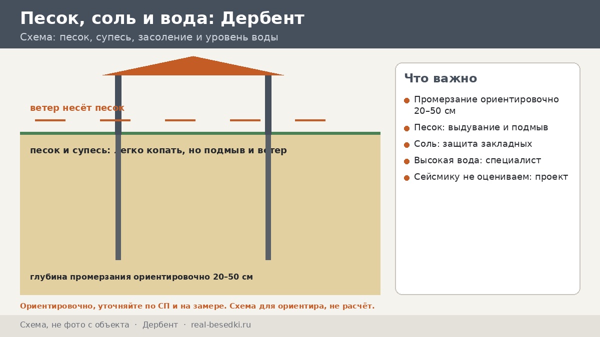 Пески и засоление в Дербенте: основание под беседку — что видно в яме и что решает специалист