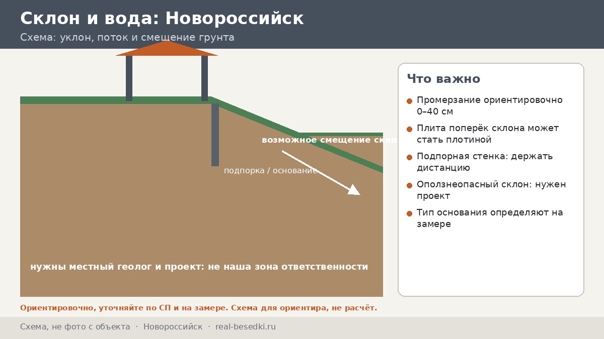 Фундамент в Новороссийске: рельеф и подтопление — шесть участков на одной горе, от гребня до нижней улицы