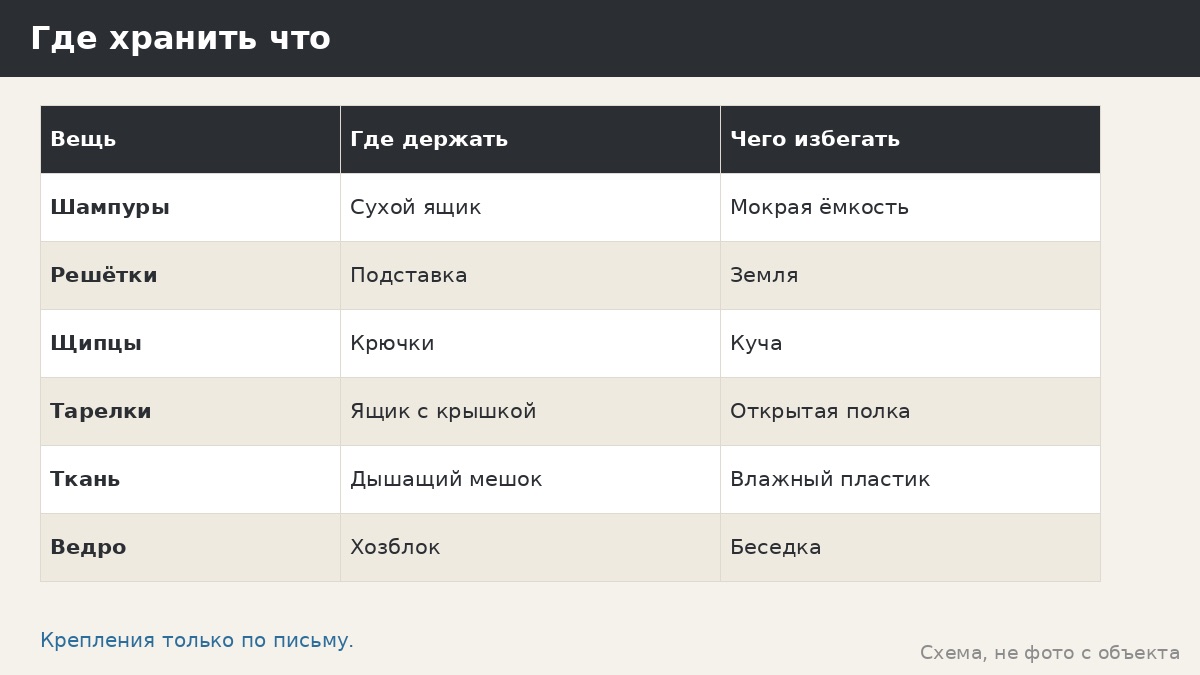 Хранение шампуров и посуды у мангала: где держать, чтобы не ржавело и не мешало