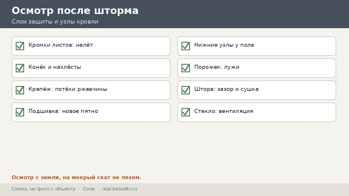 Восемь узлов кровли: осмотр после шторма, Сочи