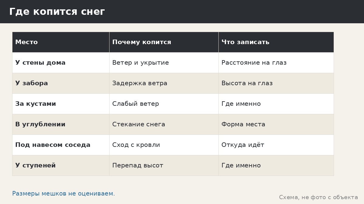 Снеговые мешки у стен и примыканий: где копится снег у беседки и что записывать